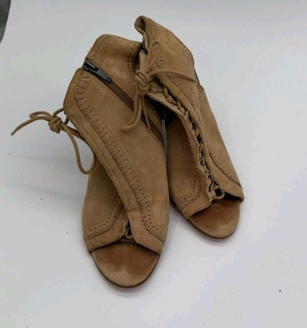 Via Spiga Leather Heel Peep Toe Lace Up Ankle Booties Sandals Womens 8.5 M Tan